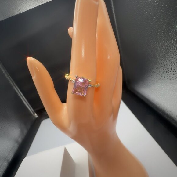 Pink Radiant-Cut Gemstone Ring With Gold-Plated Brass Band & Micro Insert Inlay - Picture 9 of 9